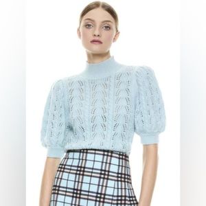 Alice + Olivia Kyoko Turtleneck Cable Knit Puff Sleeve Wool Pullover Sweater S